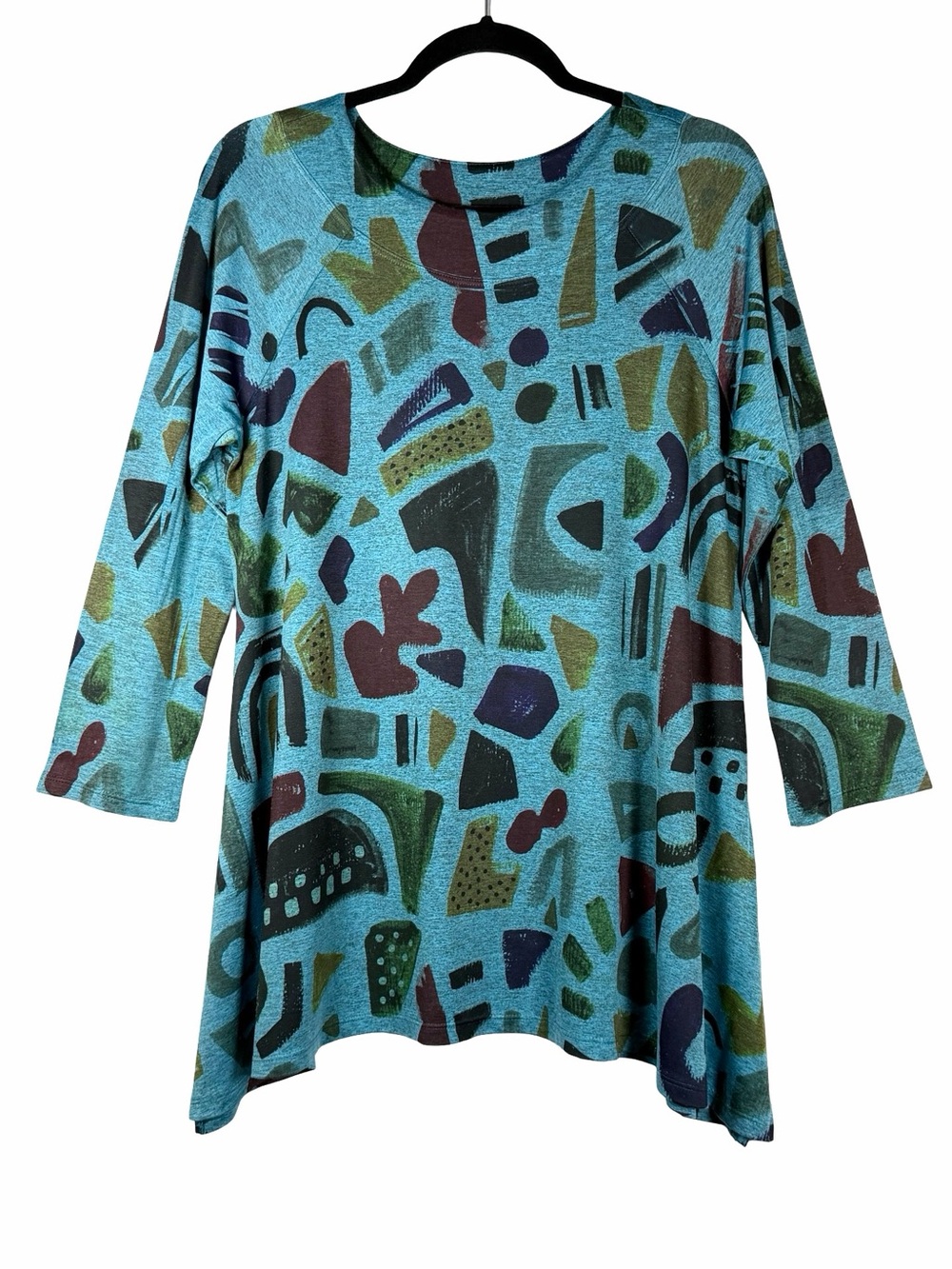 Jess & Jane Teal Geometric 3/4 Sleeve Asymmetrical Hi Lo Tunic Top Size Large